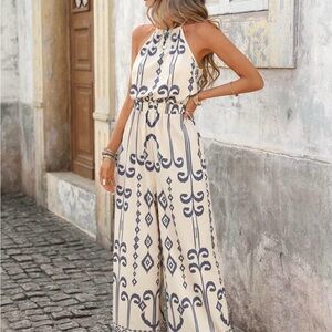 Cream Halter Jumpsuit with Navy Geometric Print